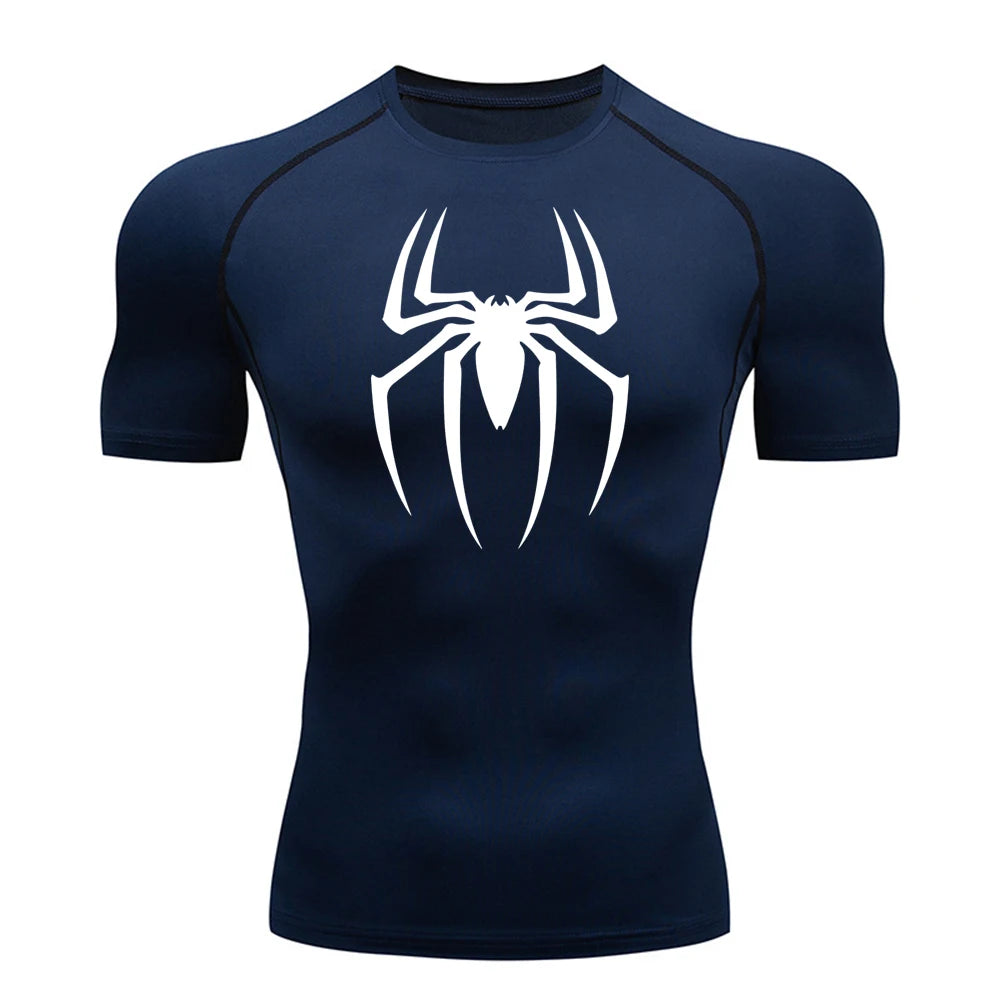 Men's Spider Print Compression Shirt, Quick Dry T-Shirt, Gym Running Jersey, Breathable Short Sleeve, Spring, Summer, M-3XL