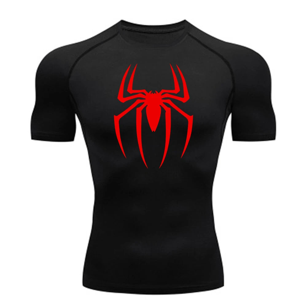 Men's Spider Print Compression Shirt, Quick Dry T-Shirt, Gym Running Jersey, Breathable Short Sleeve, Spring, Summer, M-3XL
