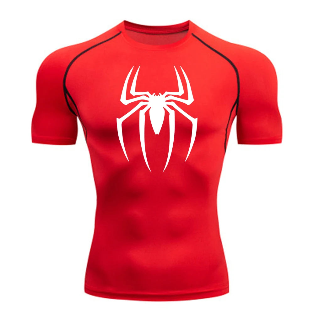 Men's Spider Print Compression Shirt, Quick Dry T-Shirt, Gym Running Jersey, Breathable Short Sleeve, Spring, Summer, M-3XL
