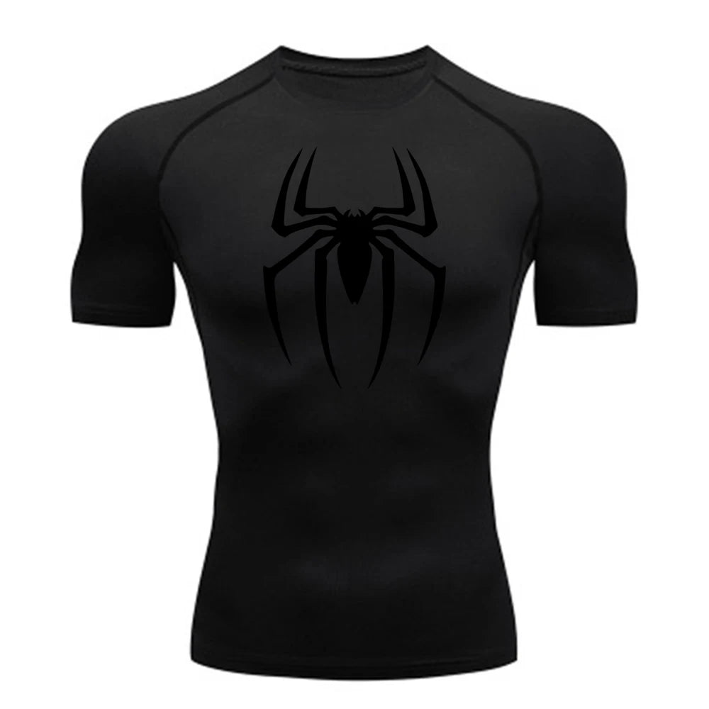 Men's Spider Print Compression Shirt, Quick Dry T-Shirt, Gym Running Jersey, Breathable Short Sleeve, Spring, Summer, M-3XL