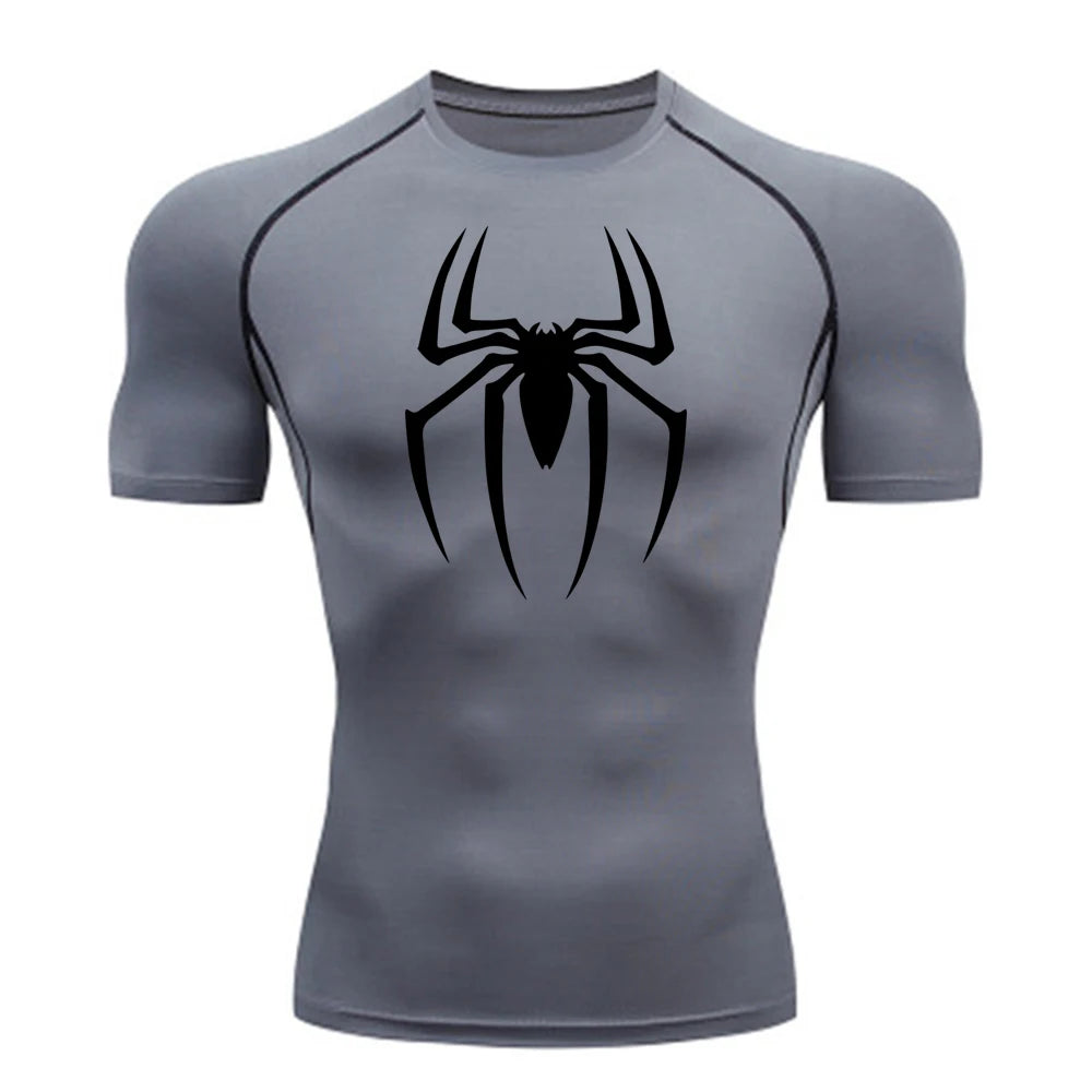 Men's Spider Print Compression Shirt, Quick Dry T-Shirt, Gym Running Jersey, Breathable Short Sleeve, Spring, Summer, M-3XL