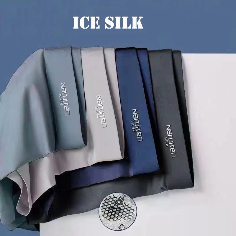 4pcs Boxer Shorts Men's Ice Silk Underwear Male Underpants Breathable Sexy Thin Panties U Convex Lingerie Wholesale Lots L-6XL