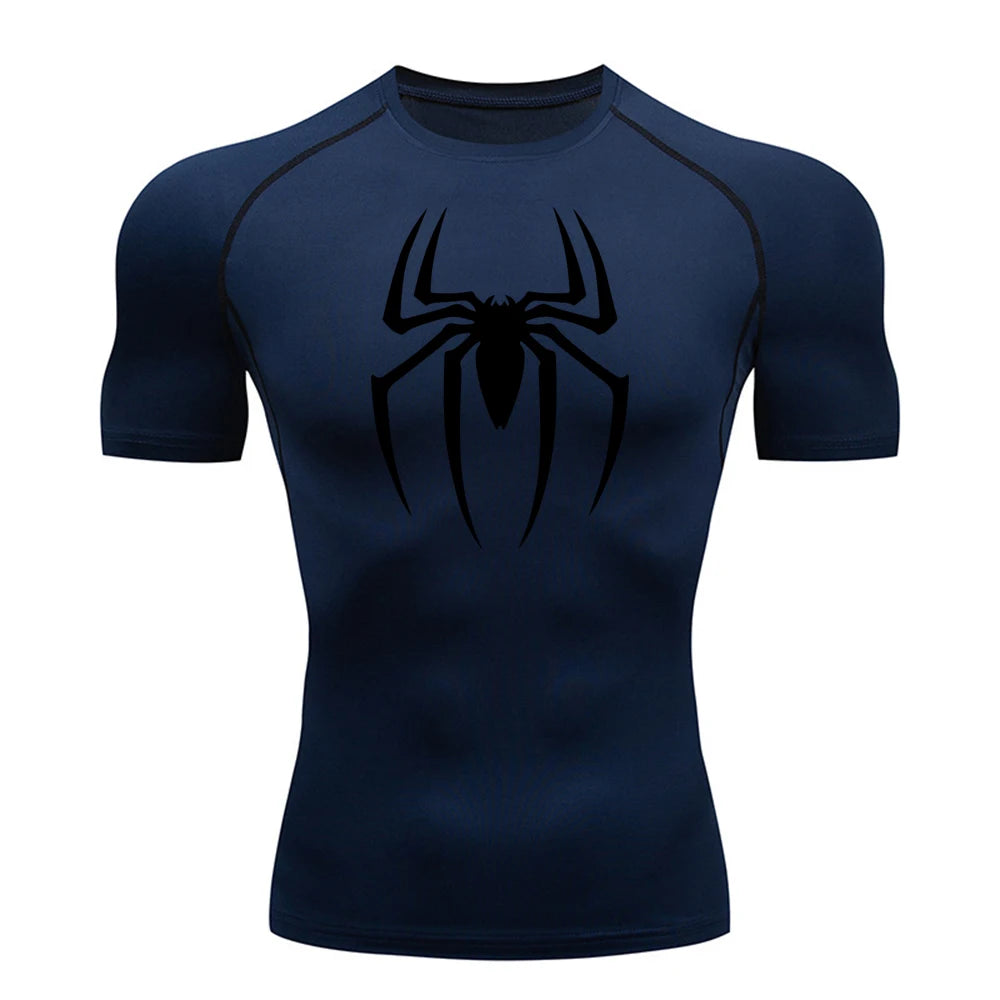 Men's Spider Print Compression Shirt, Quick Dry T-Shirt, Gym Running Jersey, Breathable Short Sleeve, Spring, Summer, M-3XL