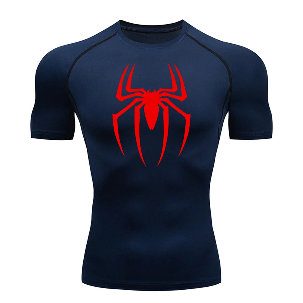 Men's Spider Print Compression Shirt, Quick Dry T-Shirt, Gym Running Jersey, Breathable Short Sleeve, Spring, Summer, M-3XL