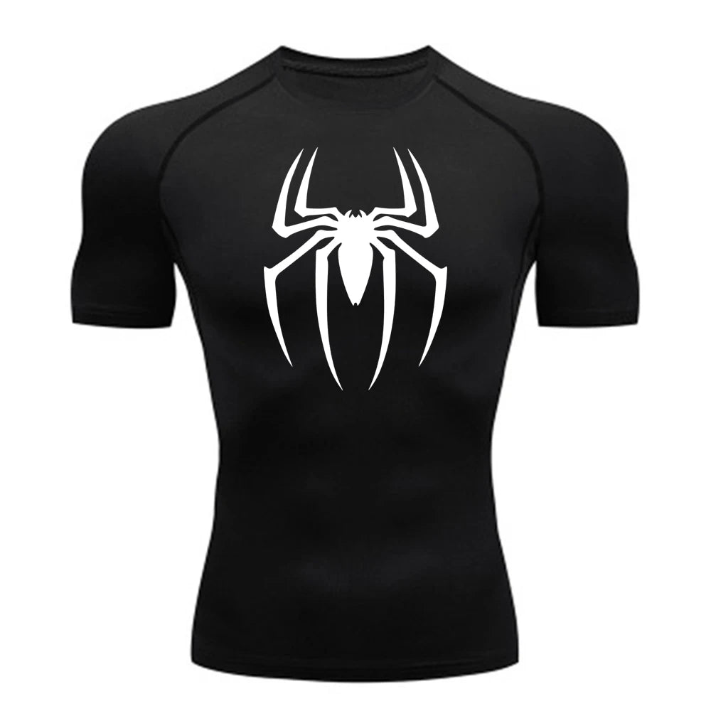 Men's Spider Print Compression Shirt, Quick Dry T-Shirt, Gym Running Jersey, Breathable Short Sleeve, Spring, Summer, M-3XL