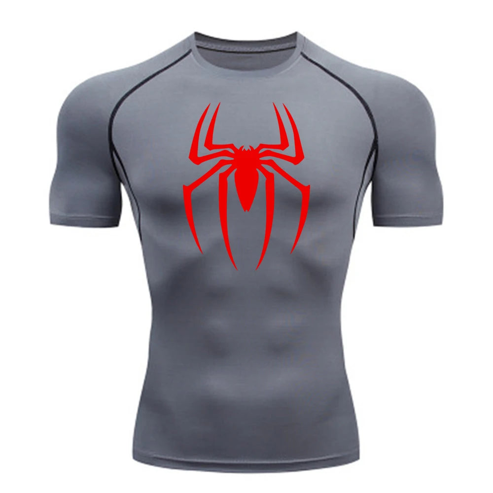 Men's Spider Print Compression Shirt, Quick Dry T-Shirt, Gym Running Jersey, Breathable Short Sleeve, Spring, Summer, M-3XL